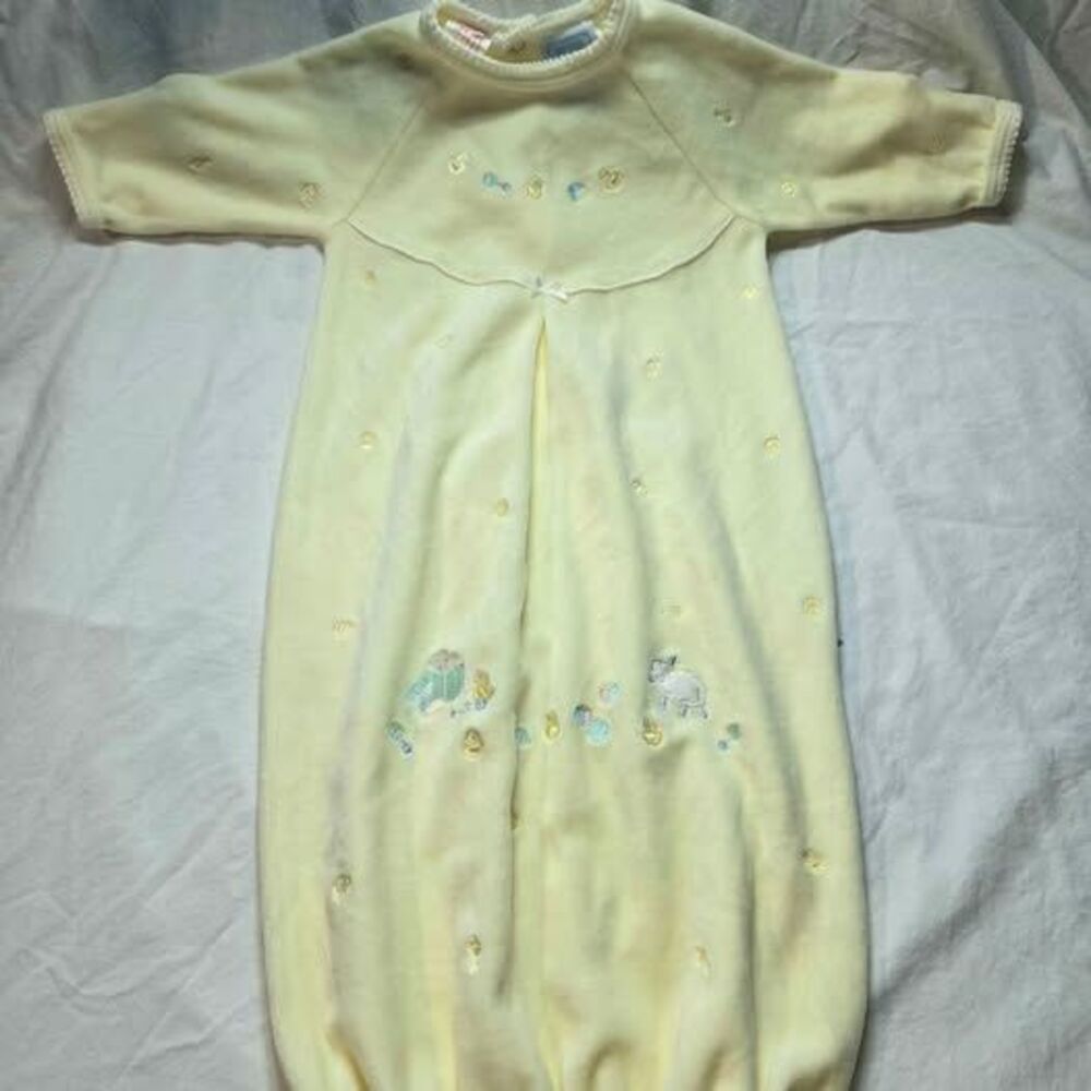 vintage baby sleep sack, gown Le Top brand Pastel yellow velour newborn animals